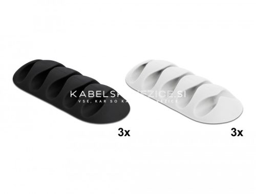 Delock samolepilni nosilec za kable s petimi režami, črna / bela, za kable do 5 mm – komplet 6 kosov