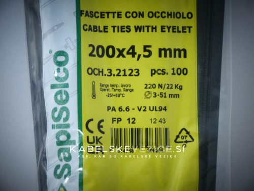 SapiSelco OCH kabelska vezica 200 x 4,5 mm s pritrdilno luknjo za vijak, črn, 1 kos (OCH.3.2123R)