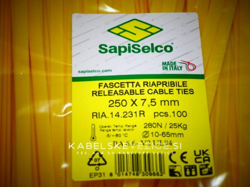 Odstranljiva, večkratno uporabna kabelska vezica 250x7,5 mm, rumena barva (1 pak / 100 kos) RIA.14.231