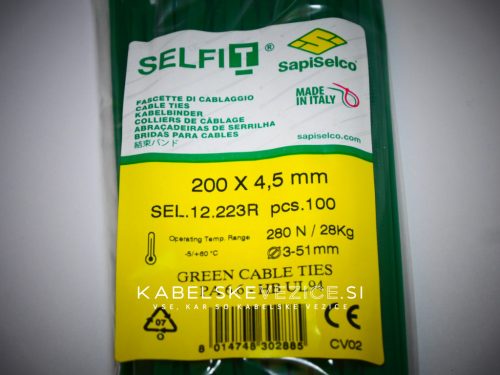 SapiSelco barvna kabelska vezica 200x4,5 mm, zelena (1 pak / 100 kos) SEL.12.223R