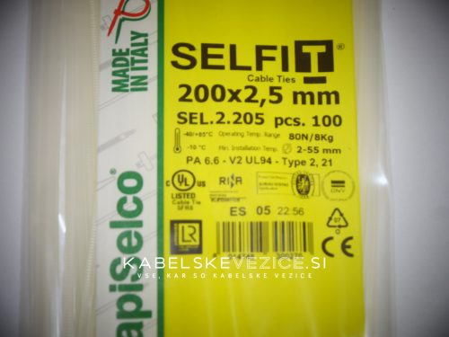 Kabelska vezica SapiSelco SELFIT 200x2,5 mm – naravna barva, 1 pak = 100 kosov, industrijska kakovost (SEL.2.205)
