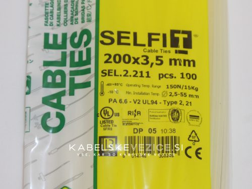 Kabelska vezica SapiSelco SELFIT 200x3,5 mm – naravna barva, 1 pak = 100 kosov, industrijska kakovost (SEL.2.211)