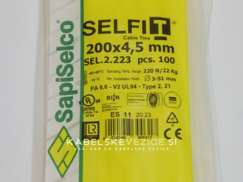 Kabelska vezica SapiSelco SELFIT 200x4,5 mm – naravna barva, 1 pak = 100 kosov, industrijska kakovost (SEL.2.223)