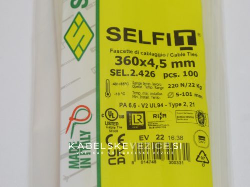 Kabelska vezica SapiSelco SELFIT 360x4,5 mm – naravna barva, 1 pak = 100 kosov, industrijska kakovost (SEL.2.426)