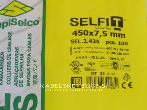 Kabelska vezica SapiSelco SELFIT 450x7,5 mm – naravna barva, 1 pak = 100 kosov, industrijska kakovost (SEL.2.435)