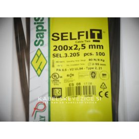Kabelska vezica SapiSelco SELFIT 200x2,5 mm – črna barva, 1 pak = 100 kosov, industrijska kakovost (SEL.3.205)