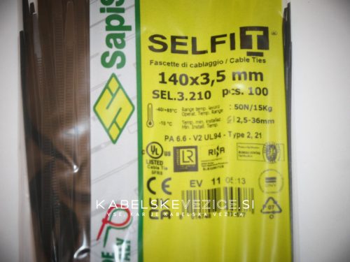 Kabelska vezica SapiSelco SELFIT 140x3,5 mm – črna barva, 1 pak = 100 kosov, industrijska kakovost (SEL.3.210)