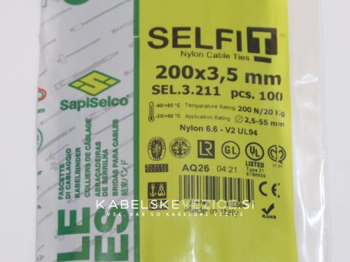 Kabelska vezica SapiSelco SELFIT 200x3,5 mm – črna barva, 1 pak = 100 kosov, industrijska kakovost (SEL.3.211)