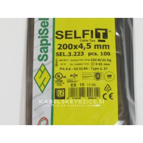 Kabelska vezica SapiSelco SELFIT 200x4,5 mm – črna barva, 1 pak = 100 kosov, industrijska kakovost (SEL.3.223)