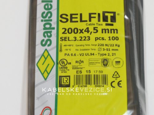 Kabelska vezica SapiSelco SELFIT 200x4,5 mm – črna barva, 1 pak = 100 kosov, industrijska kakovost (SEL.3.223)