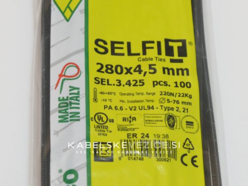 Kabelska vezica SapiSelco SELFIT 280x4,5 mm – črna barva, 1 pak = 100 kosov, industrijska kakovost (SEL.3.425)