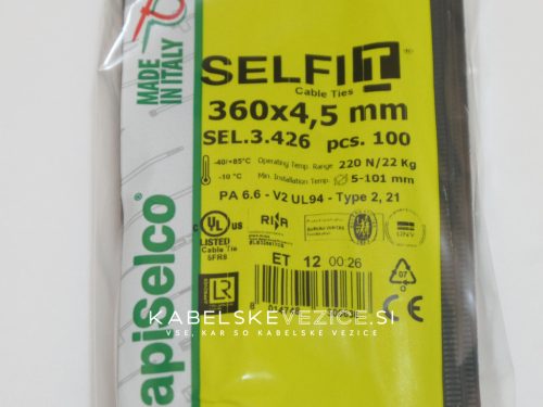 Kabelska vezica SapiSelco SELFIT 360x4,5 mm – črna barva, 1 pak = 100 kosov, industrijska kakovost (SEL.3.426)