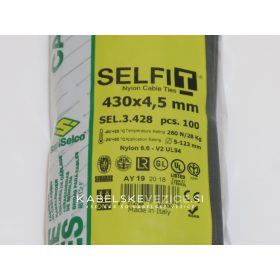 Cable tie SapiSelco SELFIT 430x4.5 mm – black color, 1 pack = 100 pcs, industrial quality (SEL.3.428)