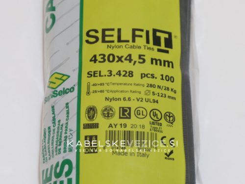 Kabelska vezica SapiSelco SELFIT 430x4,5 mm – črna barva, 1 pak = 100 kosov, industrijska kakovost (SEL.3.428)