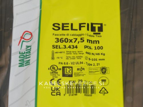 Kabelska vezica SapiSelco SELFIT 360x7,5 mm – črna barva, 1 pak = 100 kosov, industrijska kakovost (SEL.3.434)
