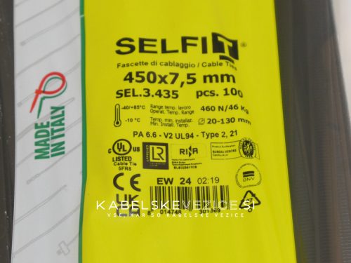 Kabelska vezica 450x7,5 mm – črna barva, SapiSelco SELFIT, 1 pak = 100 kosov, industrijska kakovost (SEL.3.435)