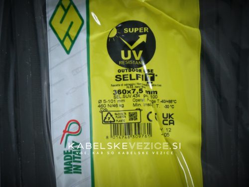 SapiSelco Super UV odporne kabelske vezice 360x7,5 mm črna barva, 1pak=100 kos (SEL.UV.434R)