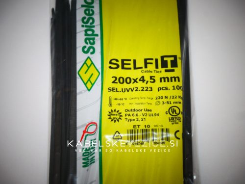 UV odporna kabelska vezica SapiSelco – 200x4,5 mm, črna, 1pak=100 kosov (SEL.UVV2.223R)